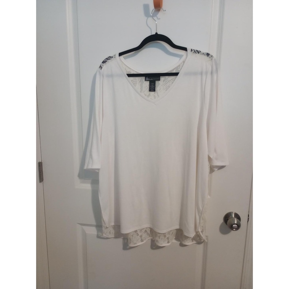 Lane Bryant Women’s 18/20 White Lace Back V-Neck Tunic Top 3/4 Sleeve 28"